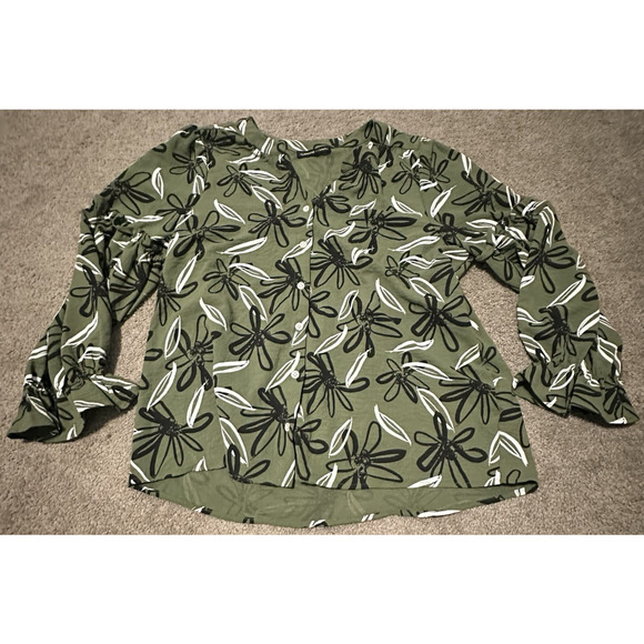 Adrienne Vittadini XL Blouse V-Neck Long Sleeve Ruffle Hem Button Front Green - Picture 1 of 9